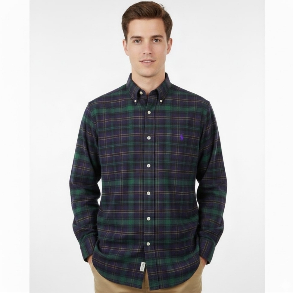 Ralph Lauren Blue Green Plaid Long Sleeve Button Down Shirt Mens Size Medium